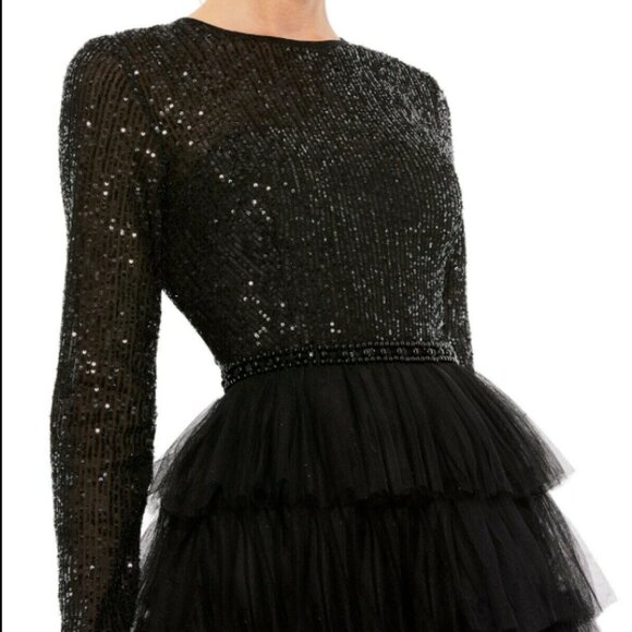 MAC DUGGAL 26299 SEQUIN BODICE LONG SLEEVE RUFFLE TIERED BLACK MIDI DRESS sz 14 - Picture 4 of 6